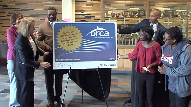 Mayor Durkan celebrates free ORCA cards for high school students at Rainier Beach